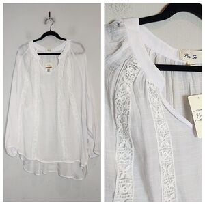 NWT Per Se Crochet Lace Rayon Blend White Semi Sheer v-neck blouse 3X